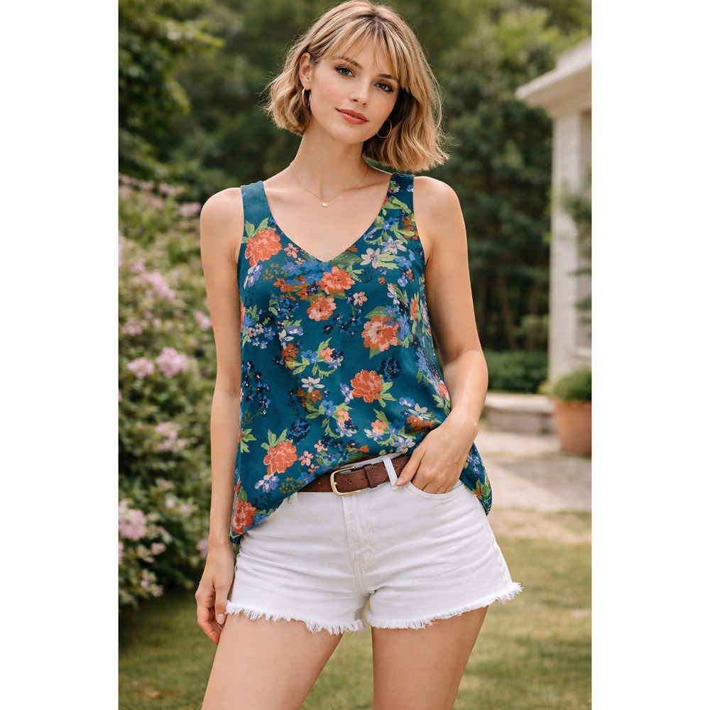 Floral Romantic Spring Chiffon Layered Teal Tank Womens XS CAbi‎